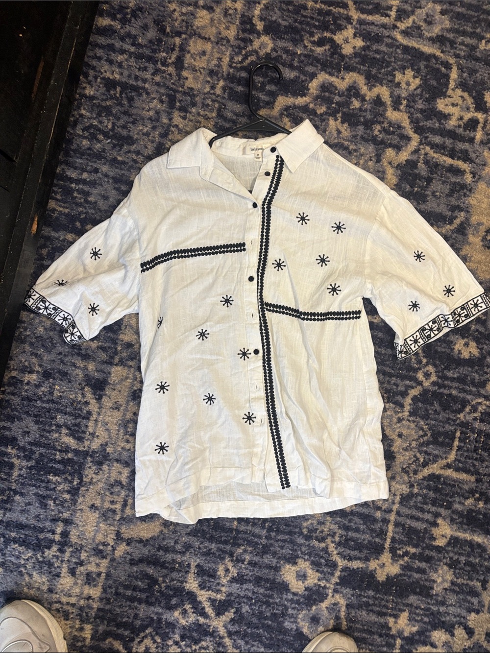 White Short-Sleeve Button-Down Shirt with Black Embroidered Trim